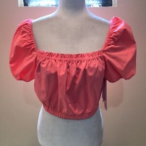 NWT LDT Coral Square Neck Short Puff Sleeve Smocked 97% Cotton Crop Top